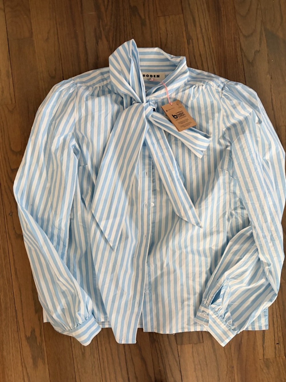 Boden Light Blue and White Striped Bow Tie Blouse
